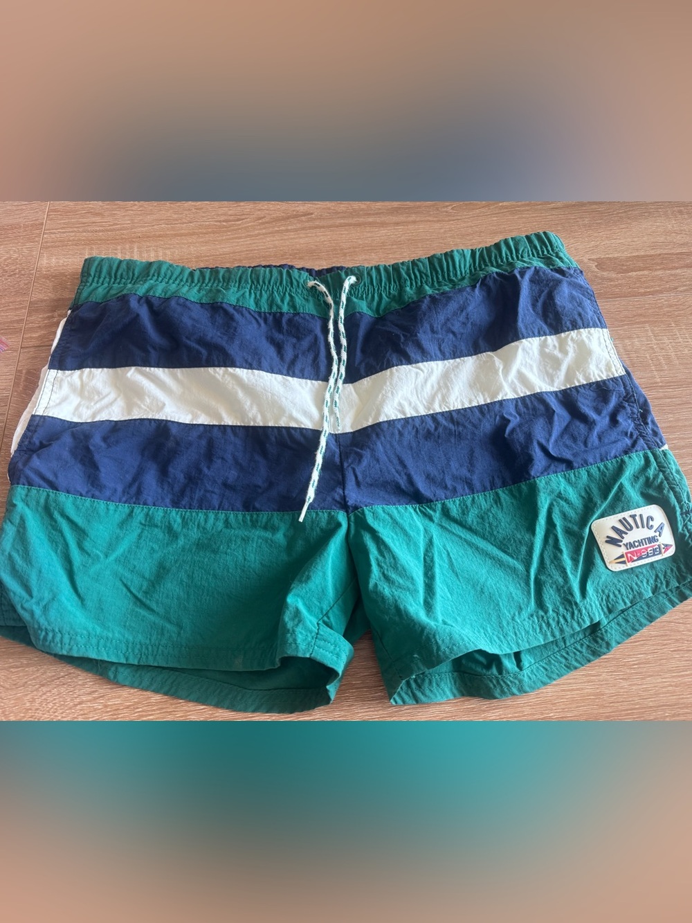 Vintage Nautica Teal, Navy & White Colorblock Swim Trunks 13in length